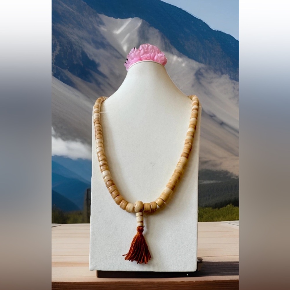 Elegant Vintage Brown & White Tibetan Rosary Prayer Bone Mala Necklace